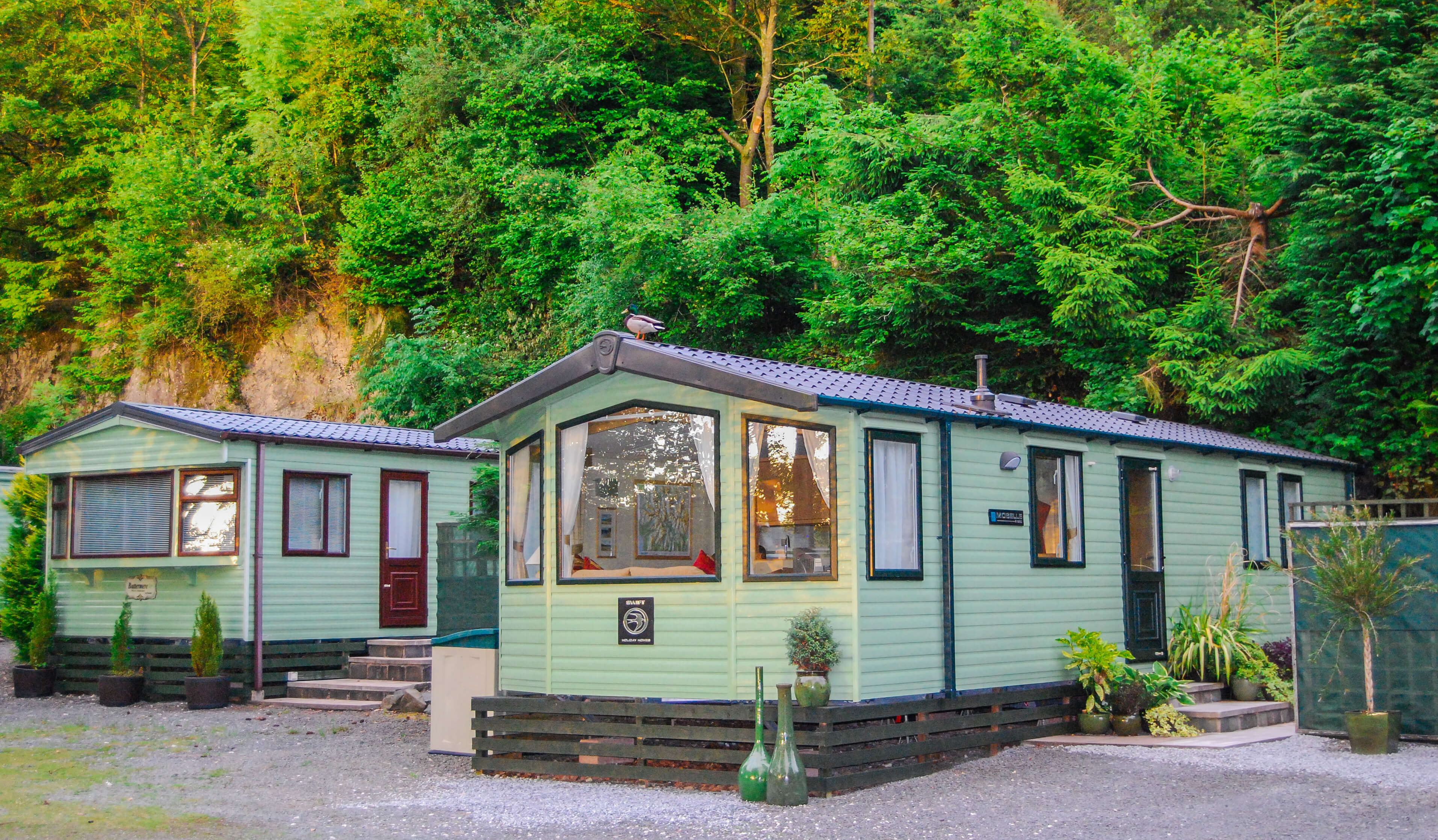 Image of two green caravan holiday lodges side by side