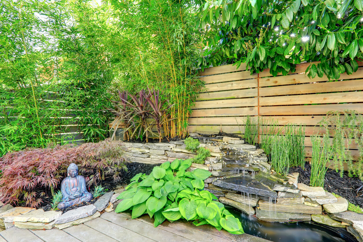 image of garden with pond and buddha statue