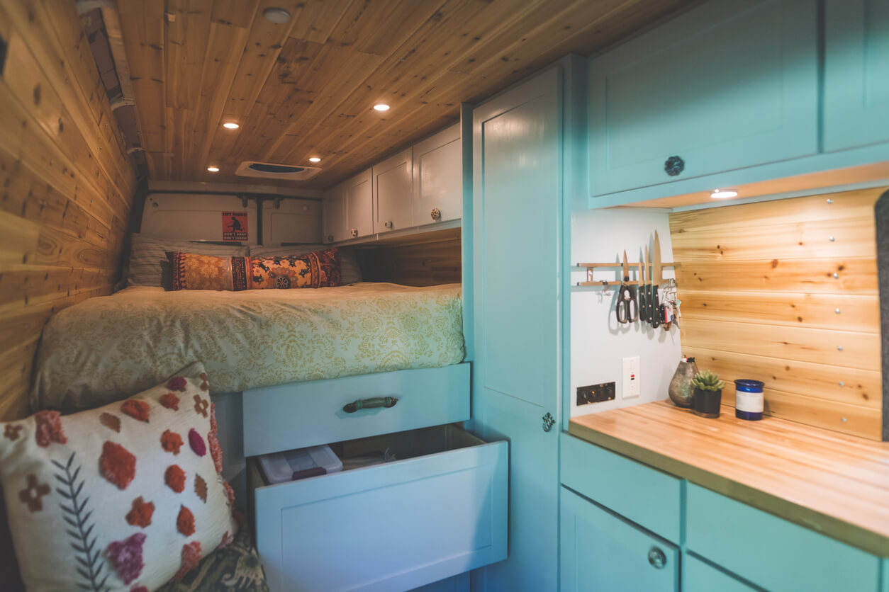 Inside of a motorhome showing off the accessories