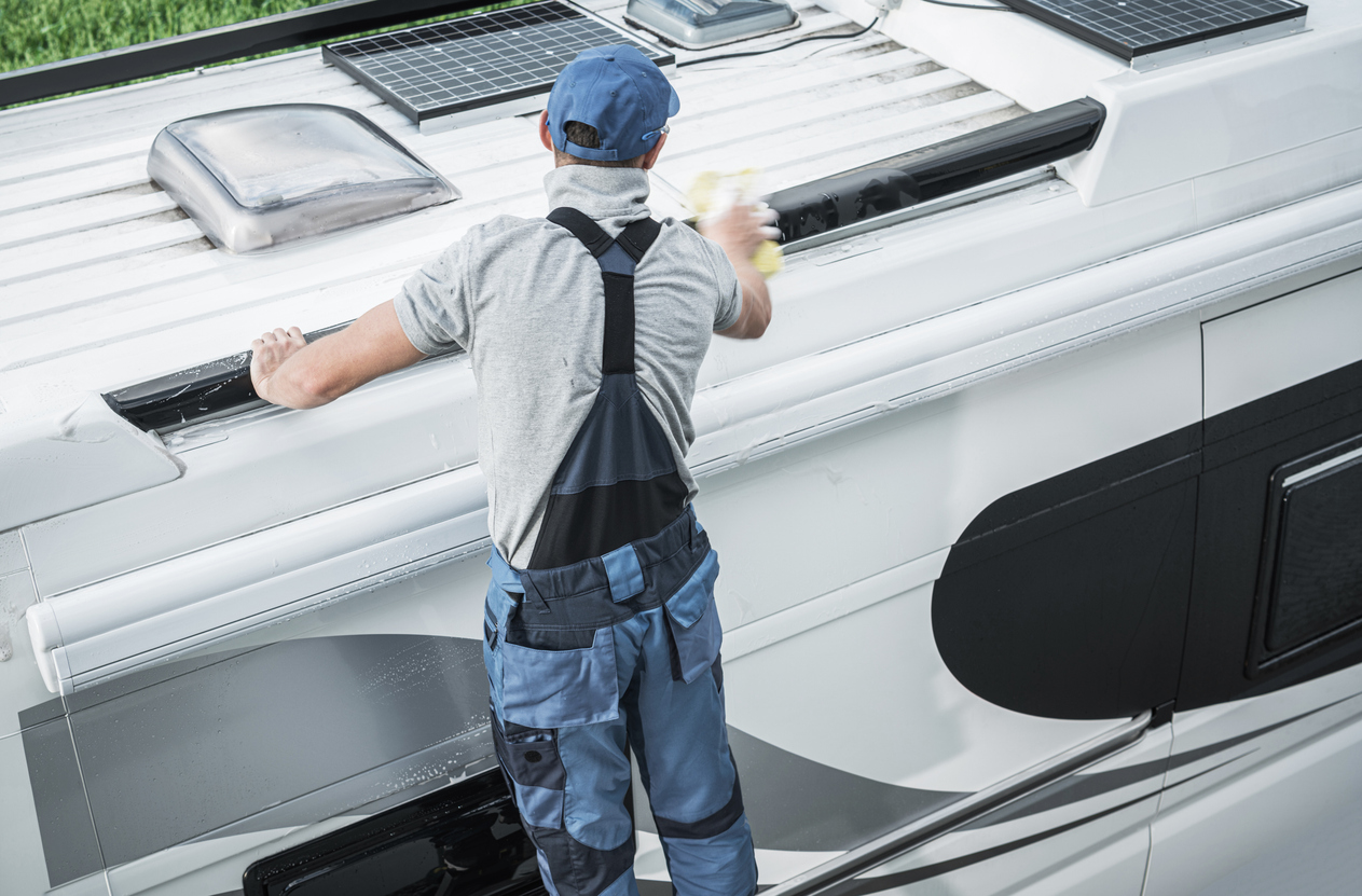 Man preparing to clean his motorhome